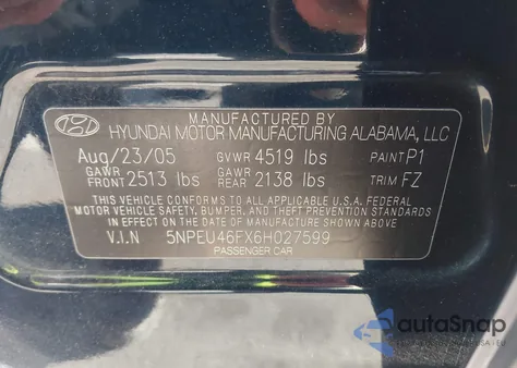 2006 Hyundai Sonata Gls V6/Lx V6 from USA, damaged, VIN 5NPEU46FX6H027599